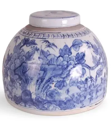 10″ Foot-stomped Blue and White Bird and Flower Jar – Avala International