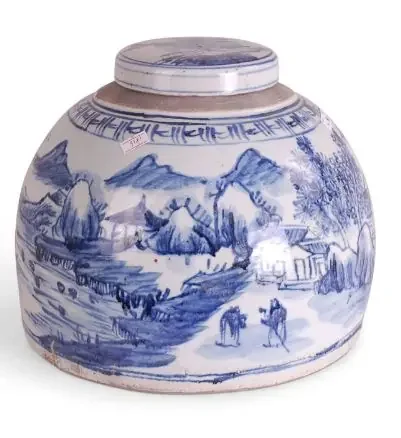 10″ Foot-stomped Blue and White Canton Jar – Avala International