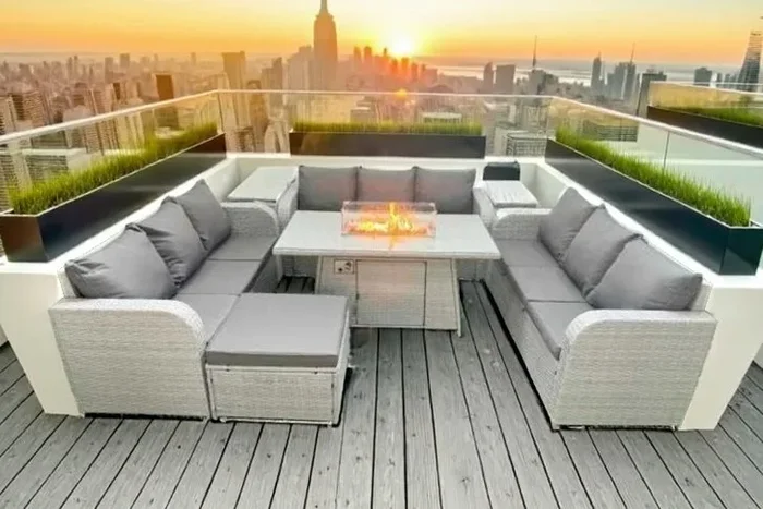 10-Seater Rattan Sofa Set with Firepit Dining Table
