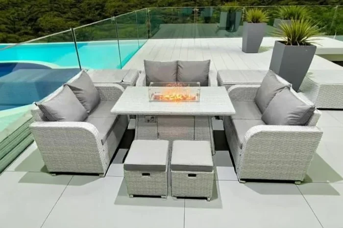 10-Seater Weather-Resistant Rattan Garden Dining Set with Firepit Table