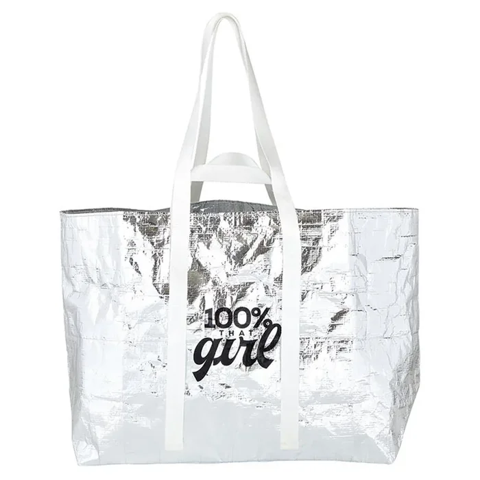 100% That Girl Large Silver Wrinkle Carry All Bag Big Grocery Shopping Tote Bag