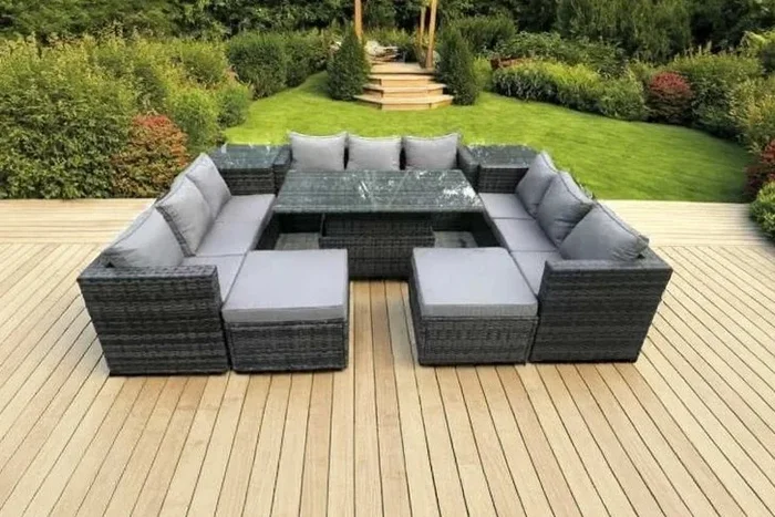 11-Seater Deluxe Rattan Garden Set with Elegant Rising Table