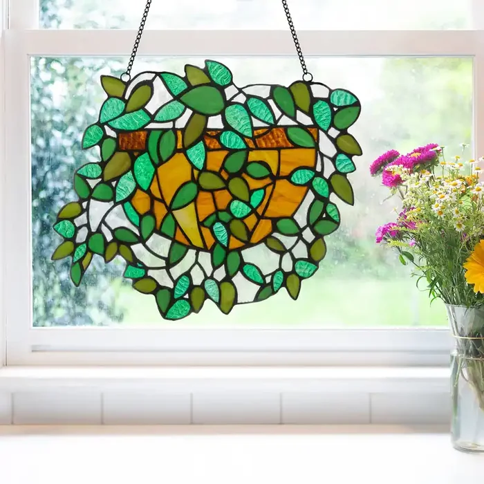 13″W Hanging Plant Stained Glass Window Panel