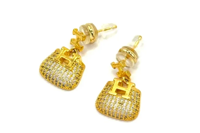 18K Gold Plated Sterling Silver Handbag Drop Earrings – Pave Cubic Zirconia, Hypoallergenic, Statement Dangles
