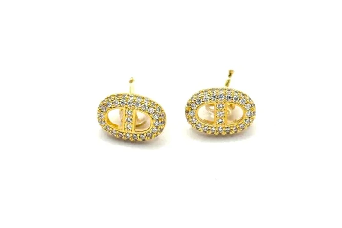 18K Gold Plated Sterling Silver Oval Monogram Stud Earrings – Pave CZ, Hypoallergenic, Designer-Inspired
