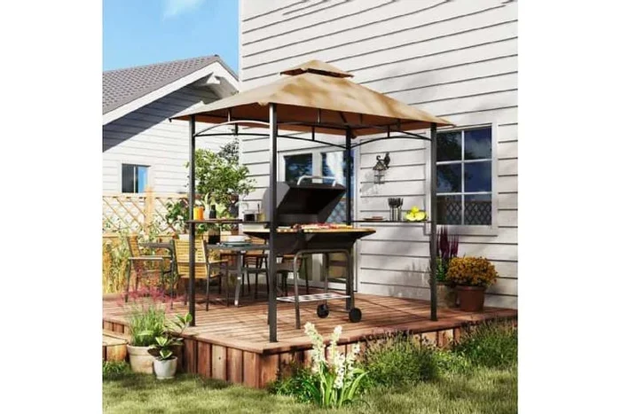 2.5m Weather-Resistant Steel BBQ Gazebo Shelter with Double-Tier Khaki Canopy