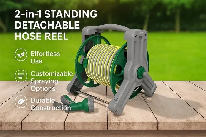 2-in-1 Standing Detachable Garden Hose Reel – Rust Resistant & Versatile
