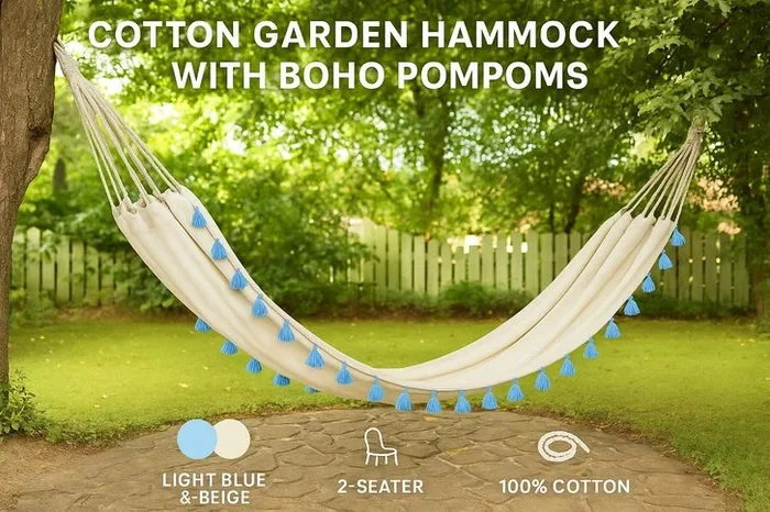 2-Seater Cotton Garden Hammock with Boho Pompoms, Light Blue & Beige