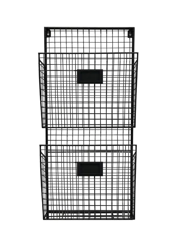 2-Tier Black Wired Wall File Organizer with Label Holders