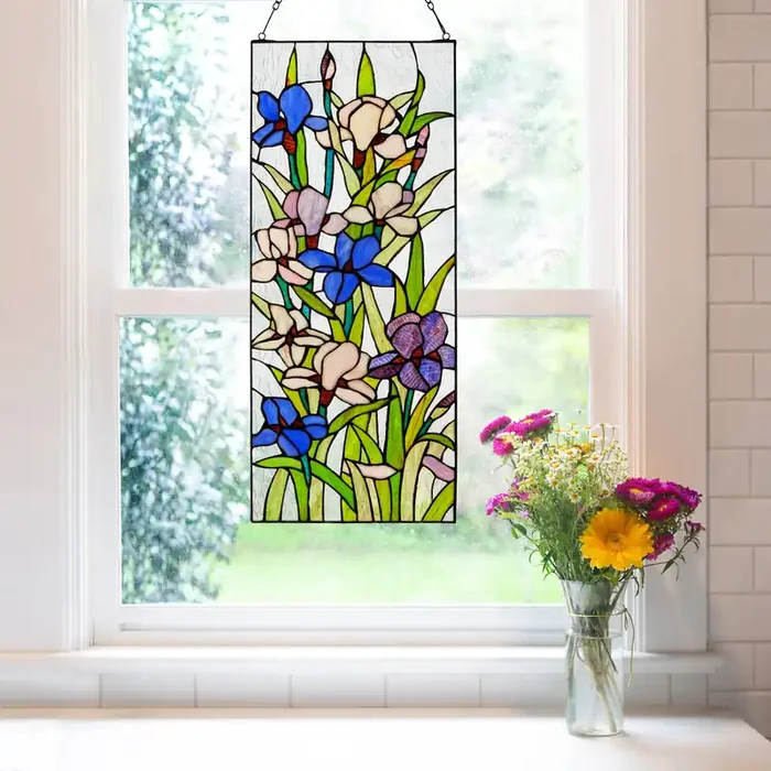 28″H Floral Purple Iris Stained Glass Window Panel