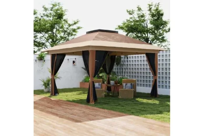 3.6×3.6m Weather-Resistant Pop-Up Garden Gazebo with Mesh Sides & Accessories – Brown