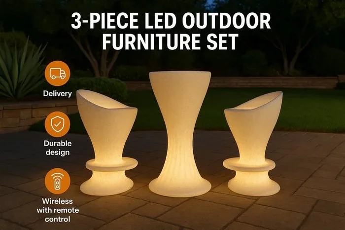 3-Piece Modern Polypropylene LED Outdoor Bar Set – Weatherproof, Rechargeable, Stone Finish