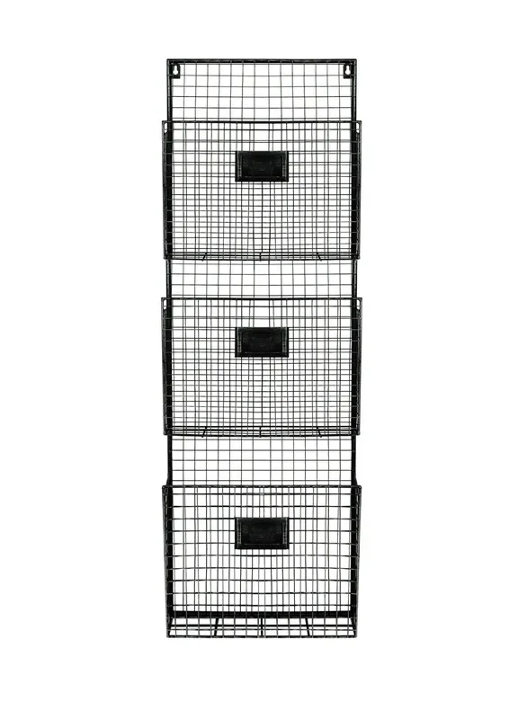 3-Tier Black Metal Wall File Holder with Distressed Finish