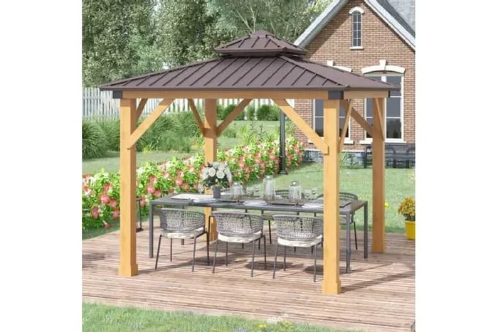 3x3m Hardtop Wooden Garden Gazebo with 2-Tier Steel Roof – Outdoor Pavilion