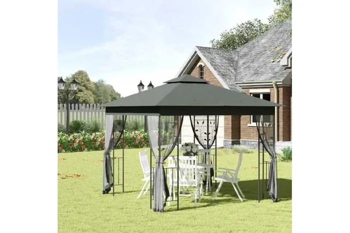 3x3m Steel Frame Grey Gazebo with Double Roof – Weather-Resistant Outdoor Shelter