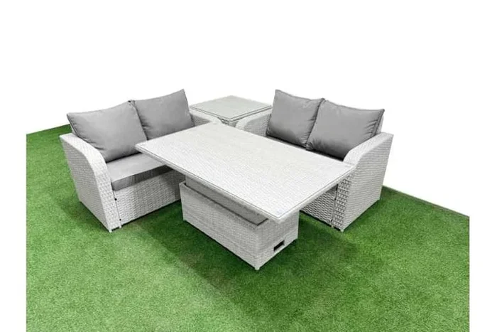 4-Piece PE Rattan Garden Sofa Set with Adjustable Rising Table – Weather-Resistant Outdoor Dining & Lounge Furniture, Seats 4