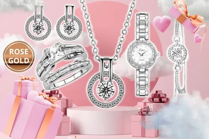 5 Piece Luxury Jewellery & Watch Set – Silver or Rose Gold, Zircon, Gift Collection
