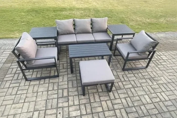 6-Seater Modern Aluminium Garden Sofa Set with Coffee Table & Armchairs
