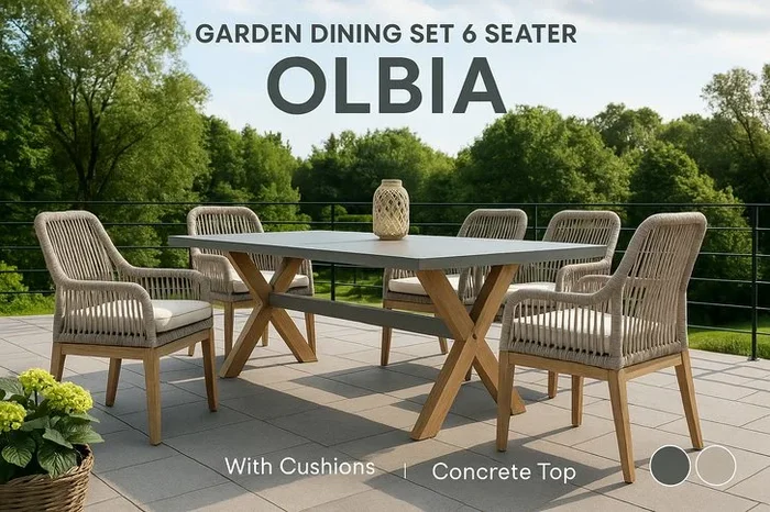 6-Seater Modern Concrete & Wicker Garden Dining Set with Cushions – Weather-Resistant Outdoor Furniture