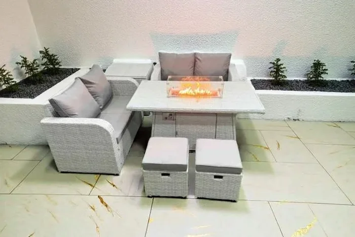 6-Seater Rattan Garden Dining Set with Firepit Table – Weather-Resistant, Modern Outdoor Furniture