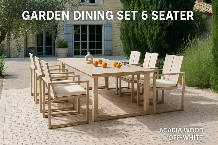 6-Seater Rustic Acacia Wood Garden Dining Set – Off-White Cushions, Spacious Table, Outdoor Patio Furniture