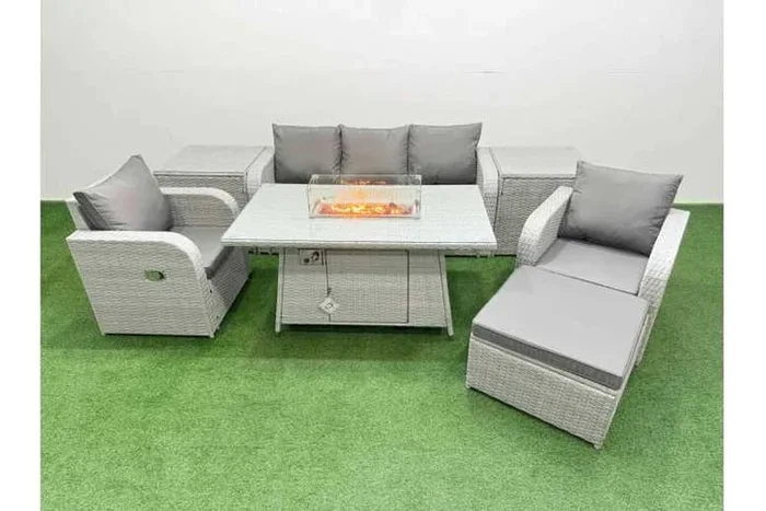 7-Seater Rattan Garden Lounge & Recliner Set with Firepit Table