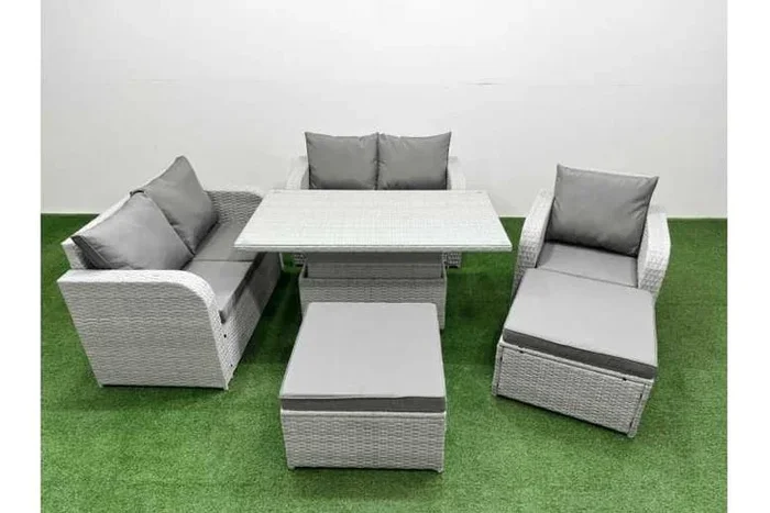 7-Seater Rattan Recliner Sofa Set with Adjustable Table