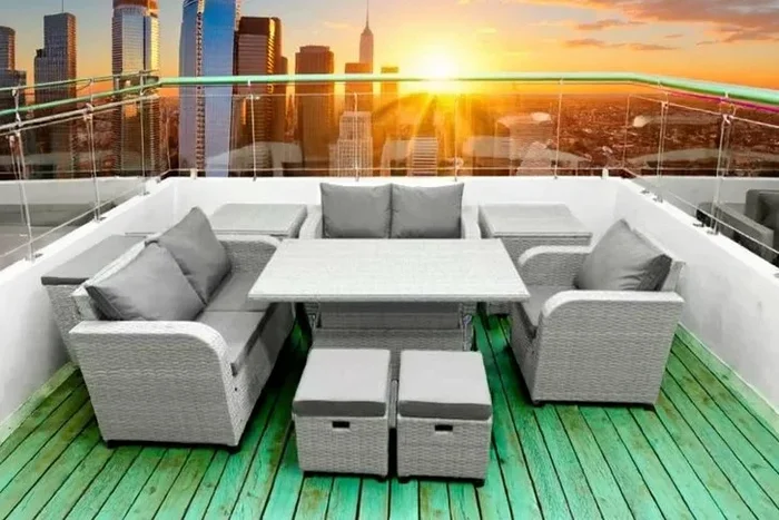 7-Seater Rattan Reclining Sofa Set with Adjustable Dining Table