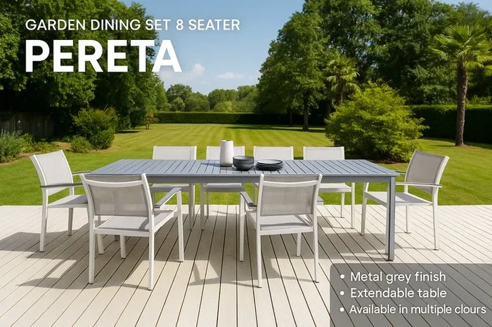 8-Seater Modern Aluminium Garden Dining Set – Weather-Resistant, Extendable Table, Grey