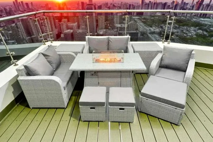 8-Seater Rattan Reclining Garden Dining Set with Firepit Table