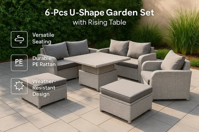 8-Seater Weather-Resistant PE Rattan Garden Sofa Dining Set with Adjustable Rising Table