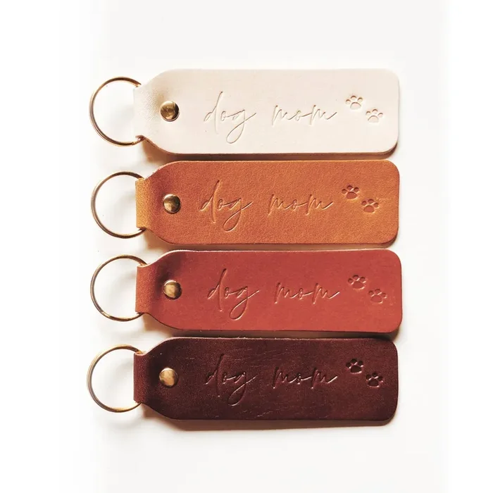 “Dog Mom” Script Leather Keychain