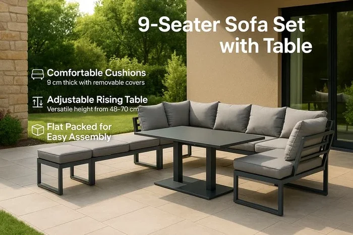 9-Seater Aluminium Garden Sofa Set with Rising Table – Modern Dark Grey Outdoor Lounge