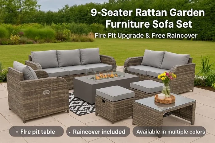 9-Seater Rattan Garden Sofa Dining Set with Fire Pit Table – Weather-Resistant, Reclining, Modern Outdoor Lounge- Price Drop Ends 7th July!