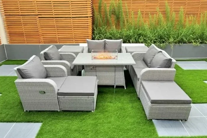 9-Seater Rattan Reclining Sofa & Firepit Dining Set – Weather-Resistant Outdoor Lounge
