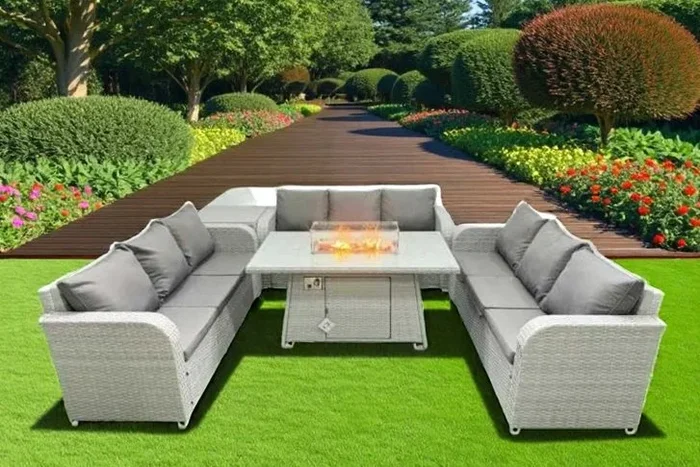 9-Seater Rattan Sofa Set with Firepit Dining Table & Side Table