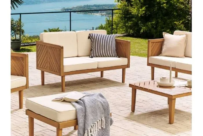 Acacia Wood 2-Seater Garden Sofa – Modern Outdoor Lounge, Weather-Resistant, Firm Cushions