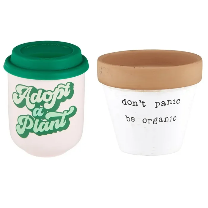 Adopt a Plant Mug and Don‘t Panic Be Organic Plant Pot Bundle