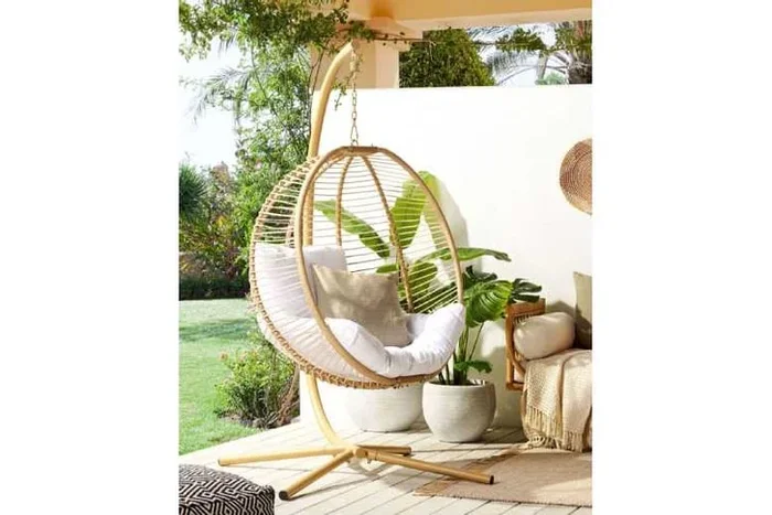 Beige Metal Hanging Egg Chair with Stand – Weather-Resistant Outdoor Lounge