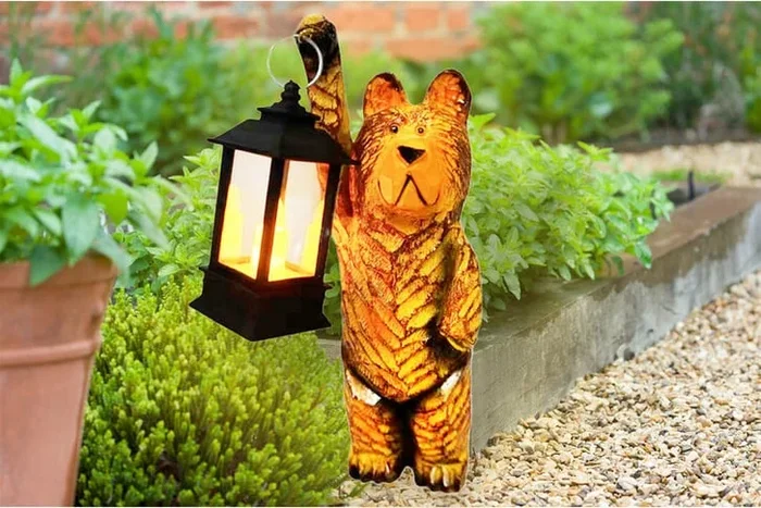 Bernard the Adorable Bear Garden Statue with LED Lantern
