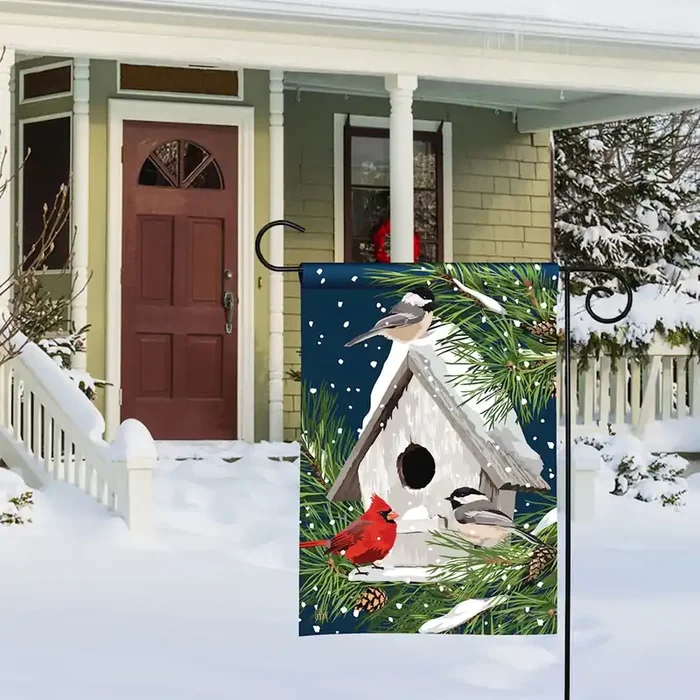 Birdhouse in Winter Garden Flag