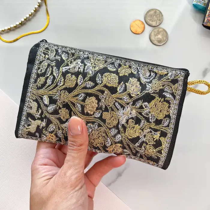Black & Gold Fabric Zipper Pouch Unique Boho Coin Purse Handmade in Turkey 4″ x 5″
