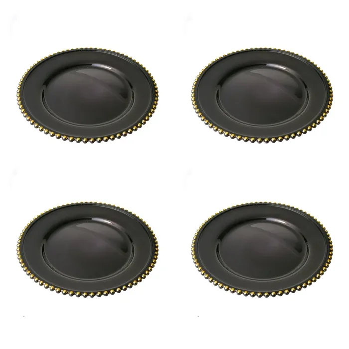 Black Chargers With Gold Beaded Rim, Set of 4