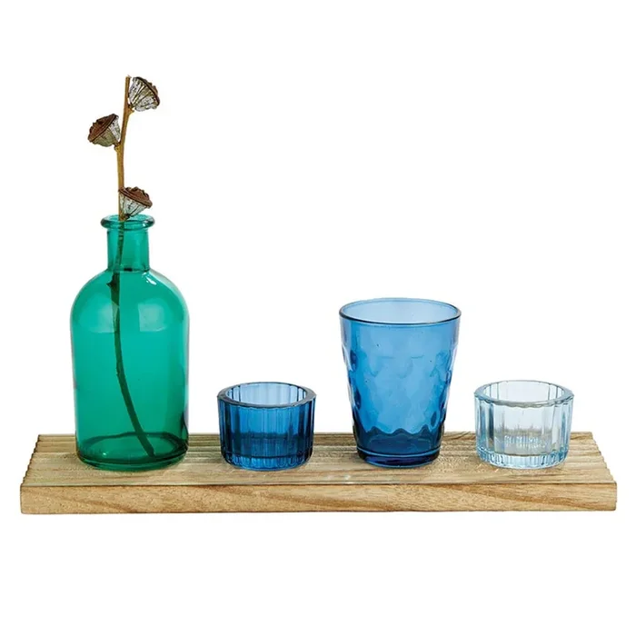 Blue Candle Garden Set Glass Bottle Vase & Votive Candleholders with Wooden Tray