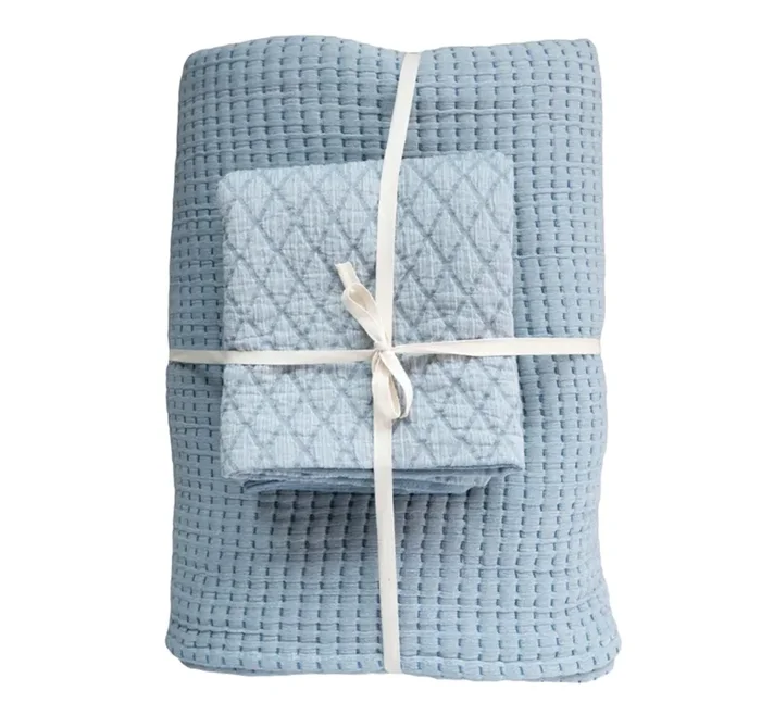 Blue Kantha Stitch Quilt with Standard Sham