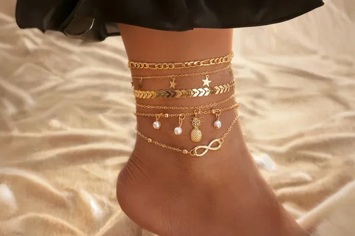 Bohemian Multi-Pack Layered Anklet Set – Alloy, Faux Pearl & Rhinestone, 8-Piece Boho Jewellery Set
