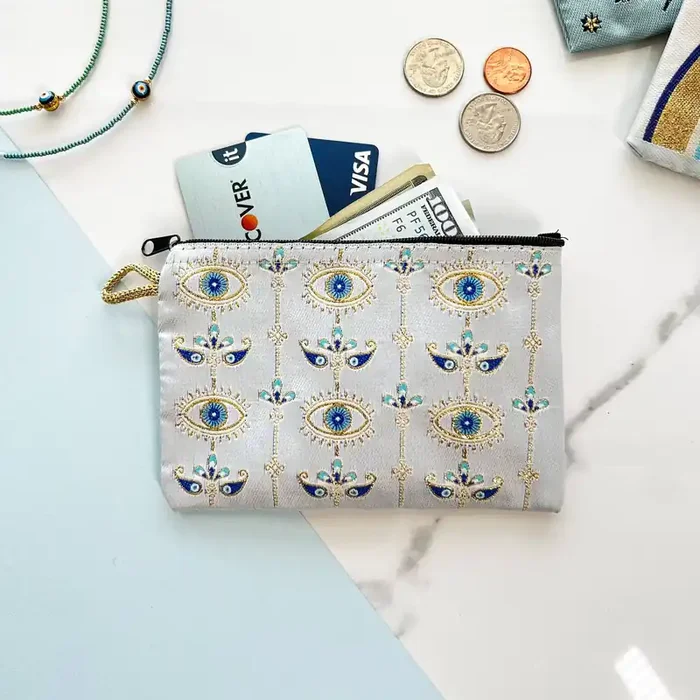Boho Coin Purse Blue Evil Eye Fabric Pouch Handmade in Turkey 4″ x 5″