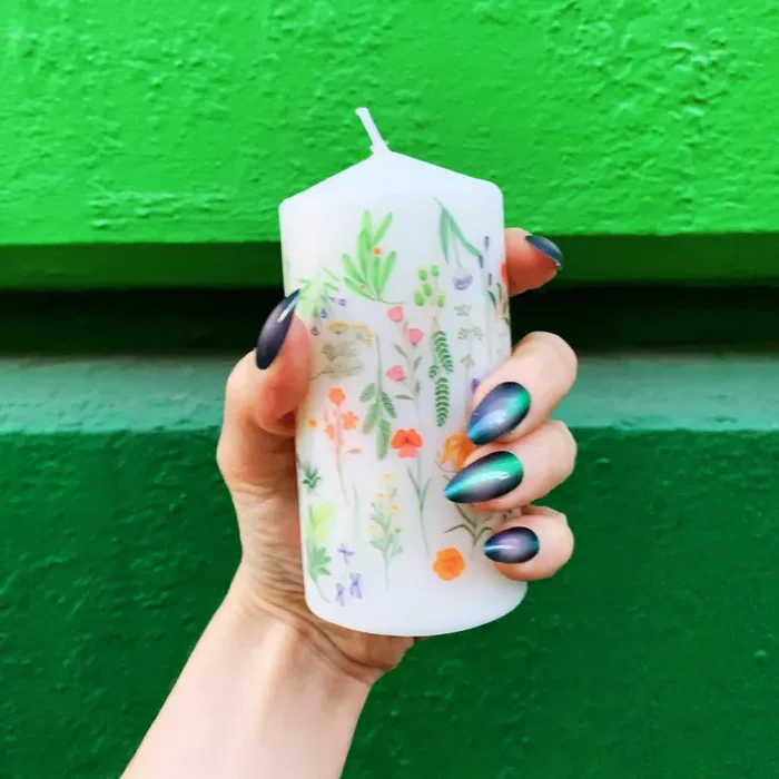 Boho Flowers Mini Pillar Candle Aesthetic Unscented Table Decor Floral Cylindrical Candle 4.75″