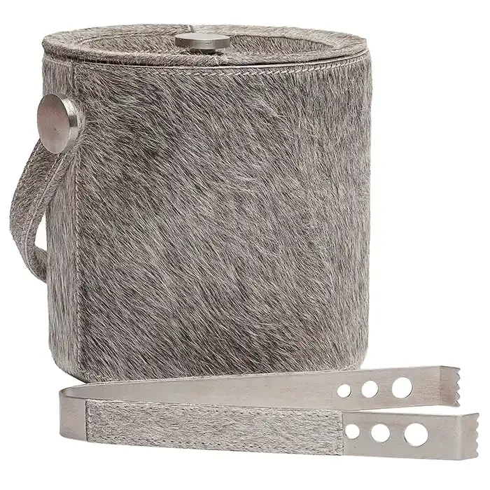 Browmley Hair-On-Hide Ice Bucket W/ Tongs (Gray)