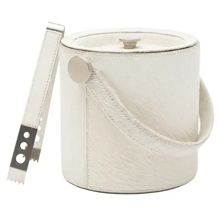 Browmley Hair-On-Hide Ice Bucket W/ Tongs (White)